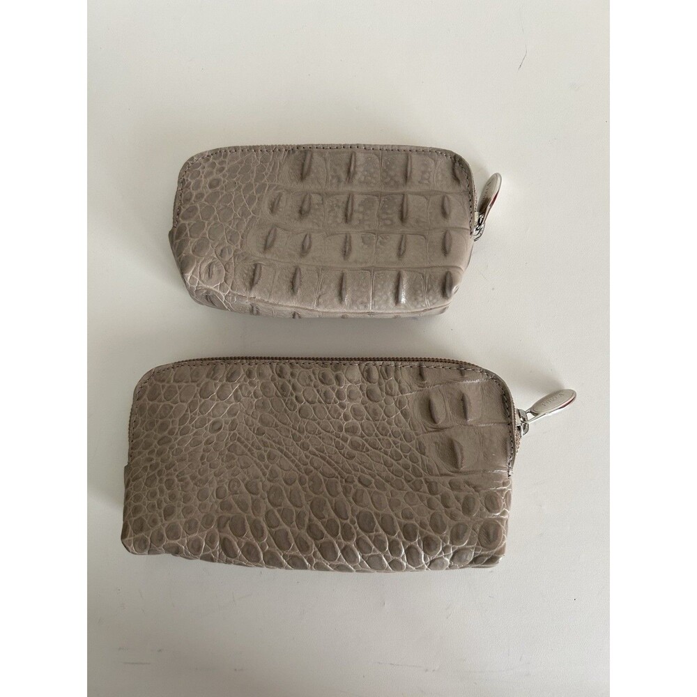 Furla Croc Embossed Leather Cosmetic Pouch Set Taupe Beige 2 Piece Italian
